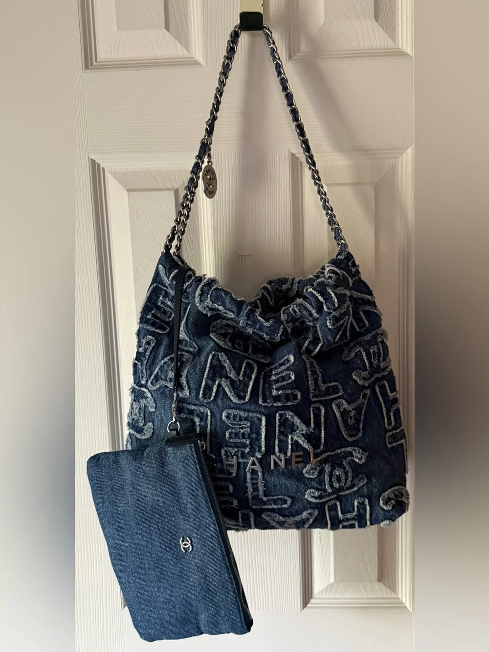 Denim Logo-Embroidered Navy Shoulder Hobo